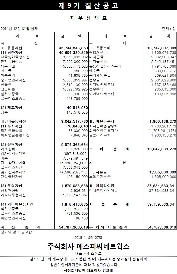 제 9기 결산공고 재무상태표 이미지