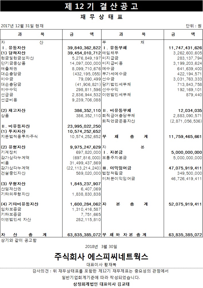 제 12기 결산공고 재무상태표 이미지