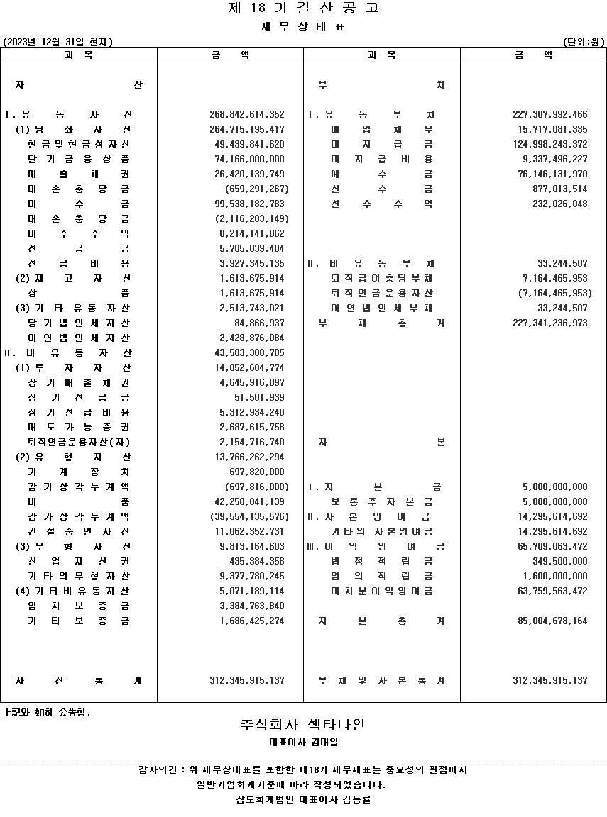 제 18기 결산공고 재무상태표 이미지